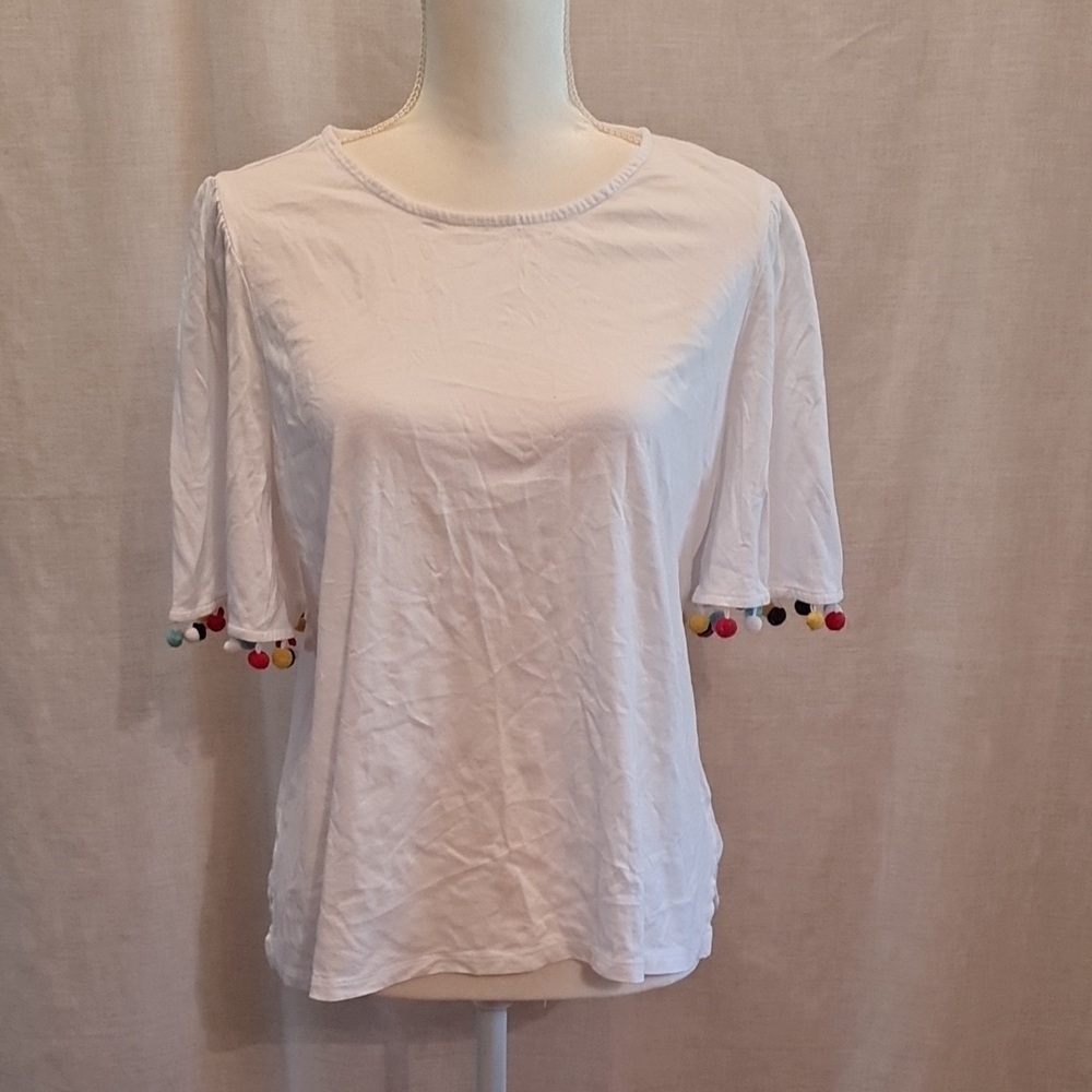 5/$15 Charter Club White Cuffed Sleeve Top with pom-poms on sleeves, Sz L, GUC